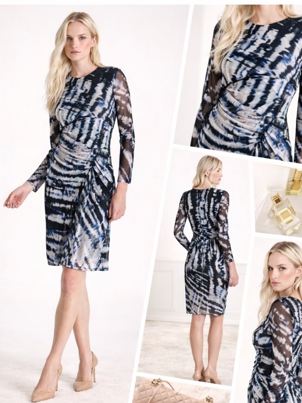 DKNY Petite Mesh Ruched Sheer Sleeve Dress 4P NWT